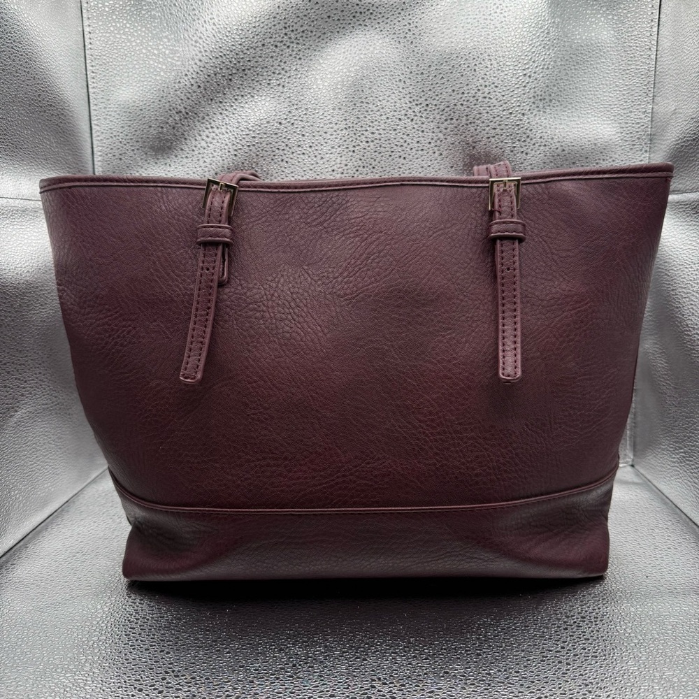 Urban Expressions Work Tote with Wristlet Pebble Vegan Leather Footed Burgundy - Picture 2 of 12
